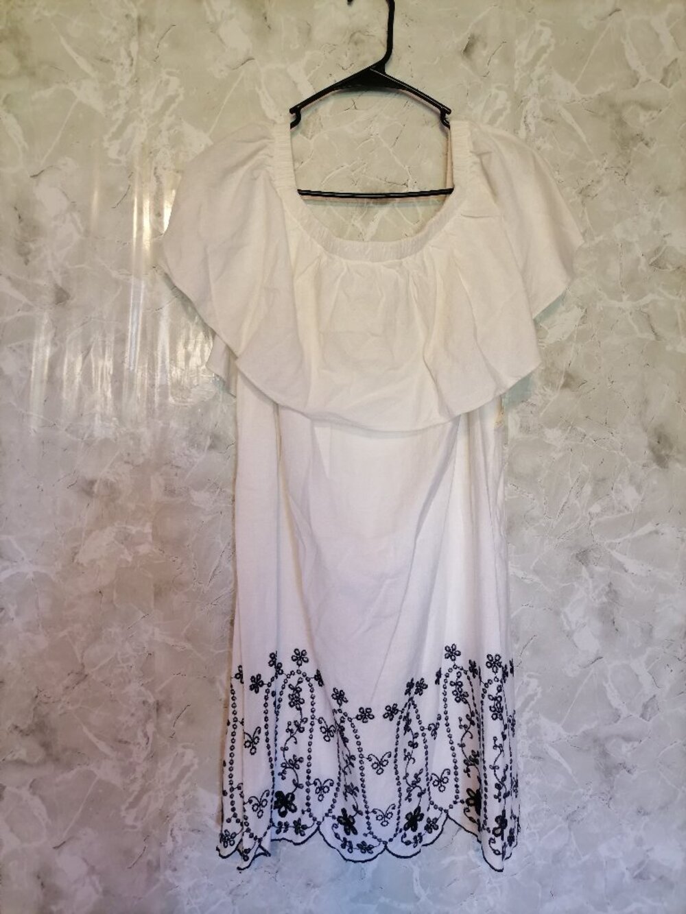 Old Navy Dress Womens L Linen Blend White Black Eyelet Off Shoulder Boho Sun